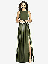 Front View Thumbnail - Olive Green Shirred Skirt Jewel Neck Halter Dress with Front Slit