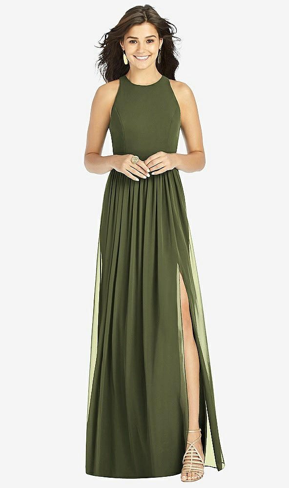 Front View - Olive Green Shirred Skirt Jewel Neck Halter Dress with Front Slit