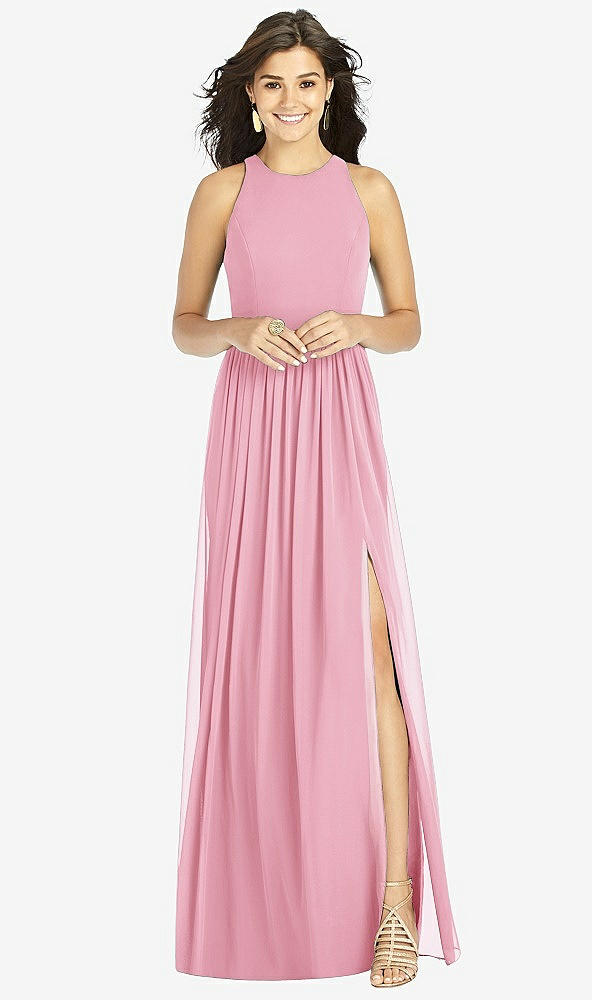 Front View - Peony Pink Shirred Skirt Jewel Neck Halter Dress with Front Slit