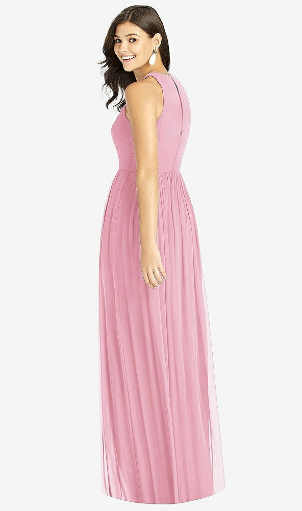 Back View - Peony Pink Shirred Skirt Jewel Neck Halter Dress with Front Slit