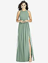 Front View Thumbnail - Seagrass Shirred Skirt Jewel Neck Halter Dress with Front Slit