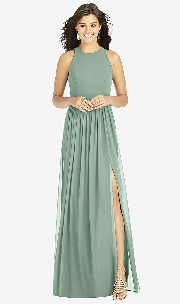 Front View - Seagrass Shirred Skirt Jewel Neck Halter Dress with Front Slit