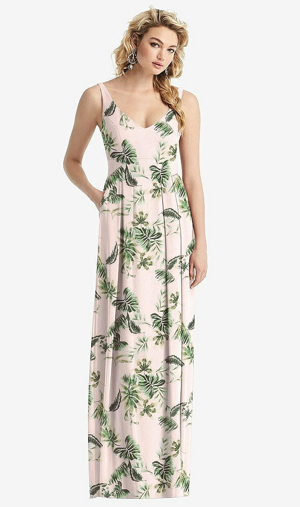 Front View - Palm Beach Print Sleeveless Pleated Skirt Maxi Dress with Pockets