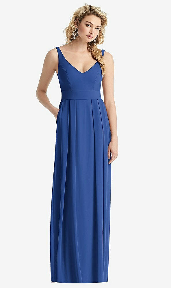 Front View - Classic Blue Sleeveless Pleated Skirt Maxi Dress with Pockets