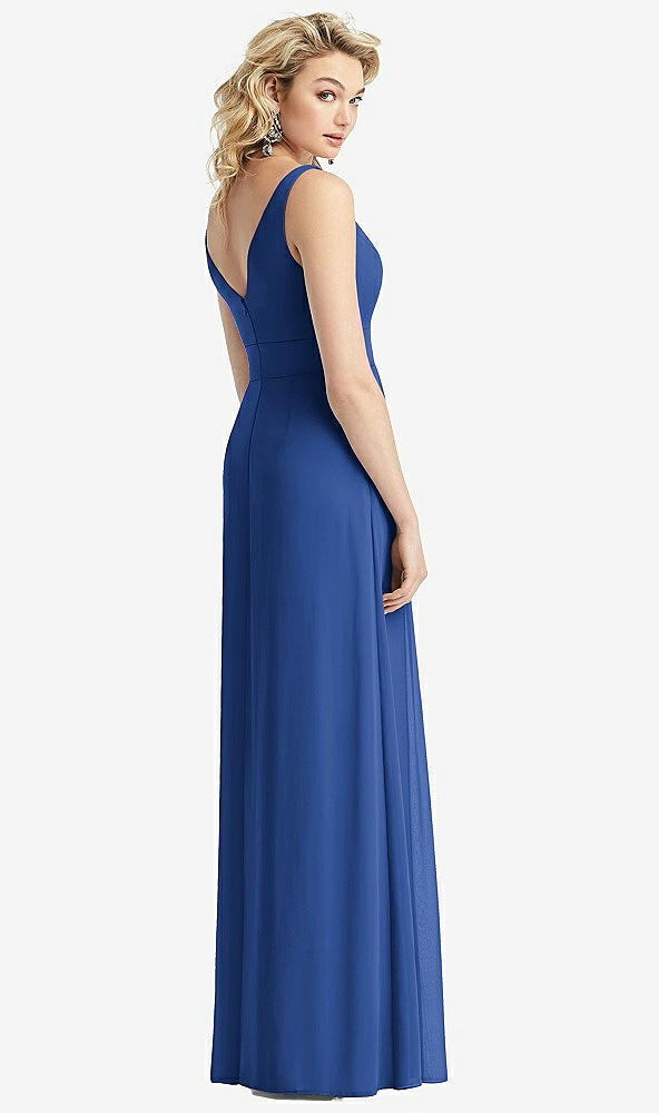 Back View - Classic Blue Sleeveless Pleated Skirt Maxi Dress with Pockets