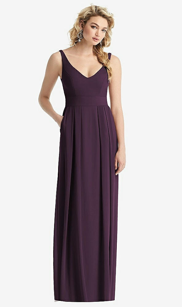 Front View - Aubergine Sleeveless Pleated Skirt Maxi Dress with Pockets