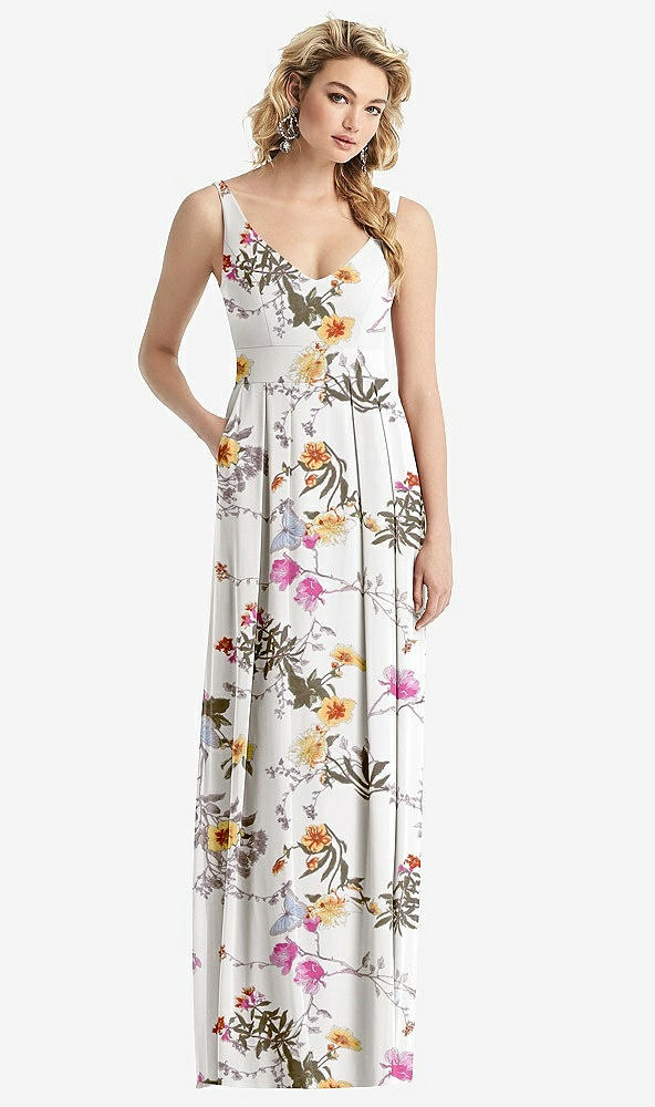 Front View - Butterfly Botanica Ivory Sleeveless Pleated Skirt Maxi Dress with Pockets
