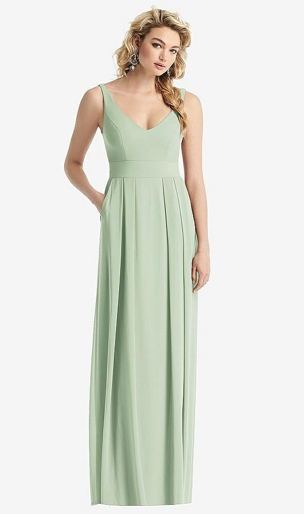 Front View - Celadon Sleeveless Pleated Skirt Maxi Dress with Pockets