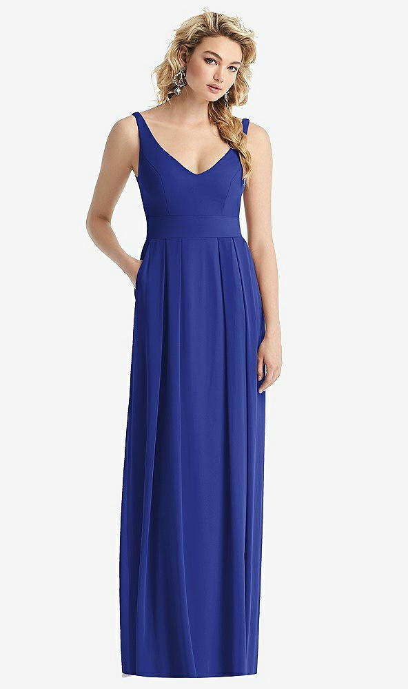Front View - Cobalt Blue Sleeveless Pleated Skirt Maxi Dress with Pockets