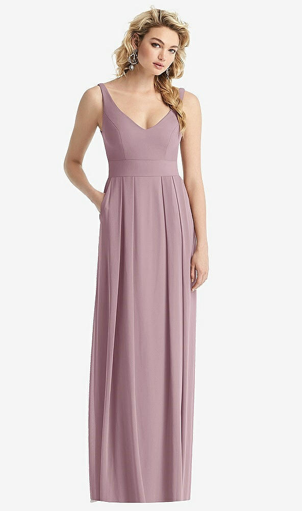 Front View - Dusty Rose Sleeveless Pleated Skirt Maxi Dress with Pockets