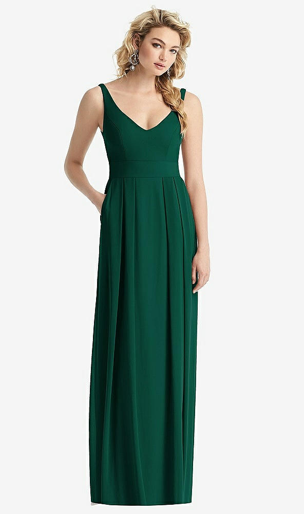 Front View - Hunter Green Sleeveless Pleated Skirt Maxi Dress with Pockets