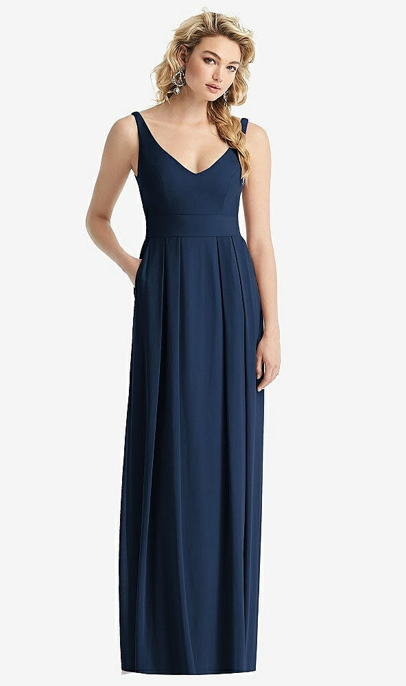 Front View - Midnight Navy Sleeveless Pleated Skirt Maxi Dress with Pockets
