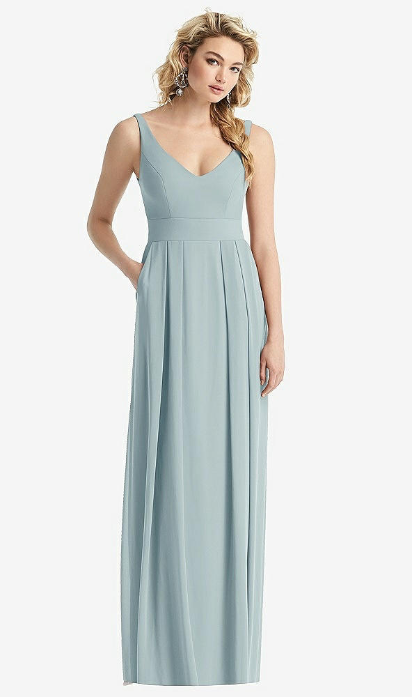 Front View - Morning Sky Sleeveless Pleated Skirt Maxi Dress with Pockets