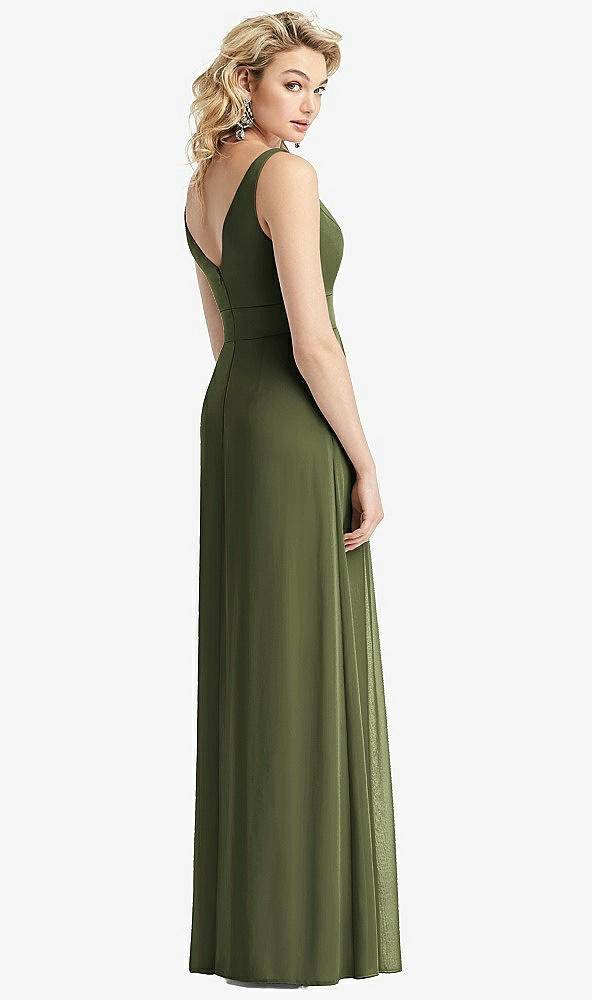 Back View - Olive Green Sleeveless Pleated Skirt Maxi Dress with Pockets