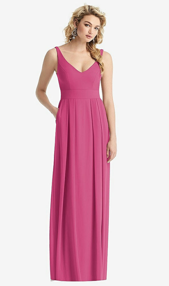 Front View - Tea Rose Sleeveless Pleated Skirt Maxi Dress with Pockets