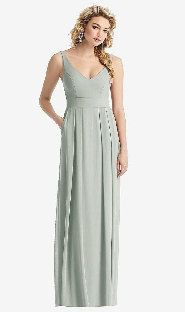 Front View - Willow Green Sleeveless Pleated Skirt Maxi Dress with Pockets