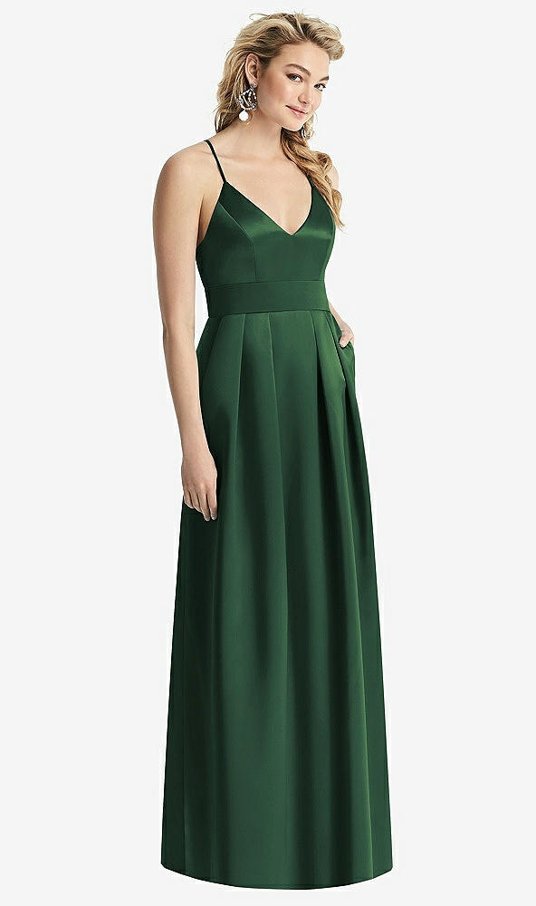 Front View - Hampton Green Pleated Skirt Satin Maxi Dress with Pockets