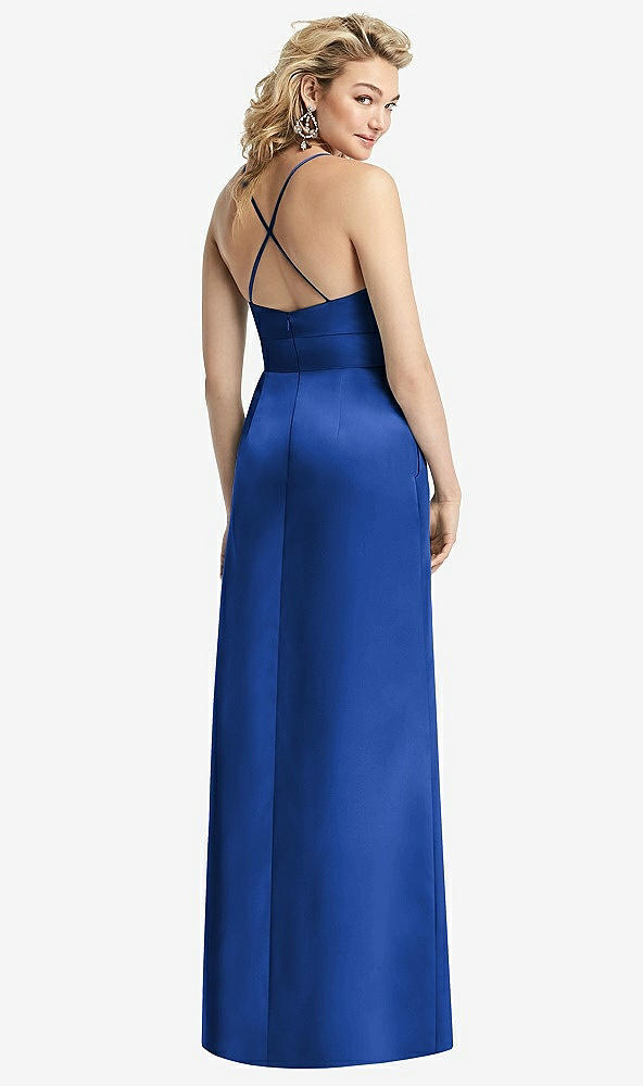 Back View - Sapphire Pleated Skirt Satin Maxi Dress with Pockets