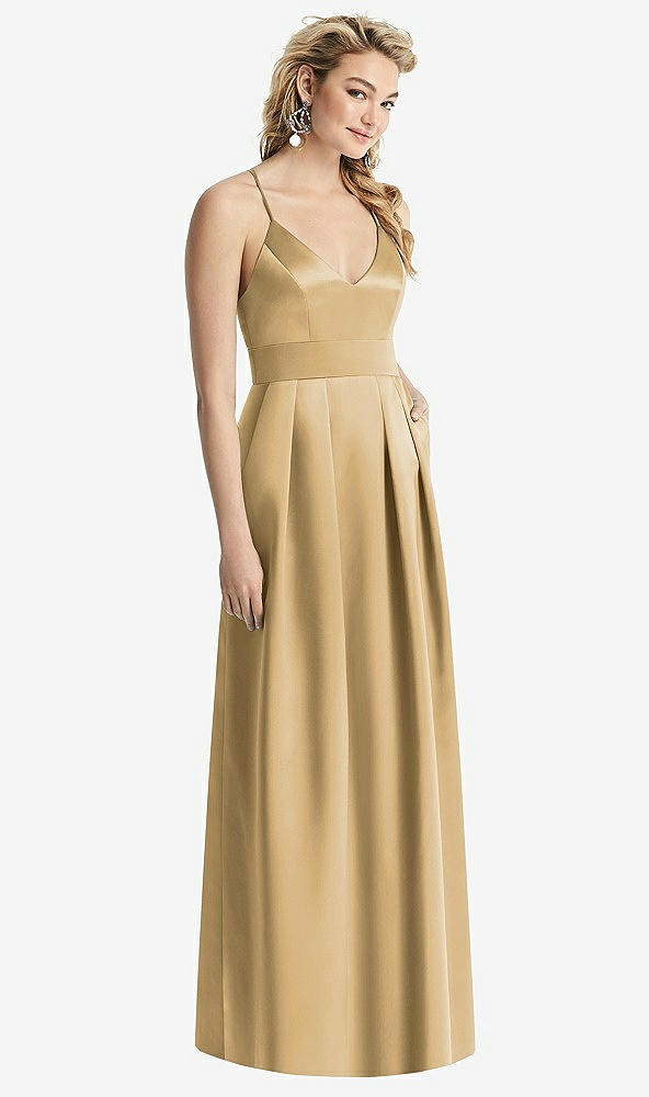 Front View - Venetian Gold Pleated Skirt Satin Maxi Dress with Pockets