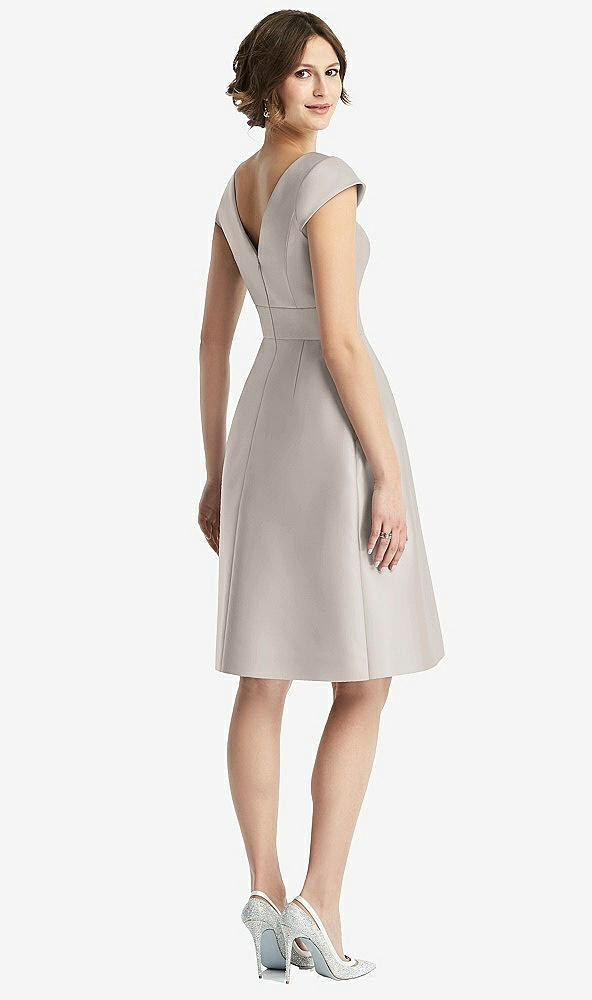 Back View - Taupe Cap Sleeve Pleated Cocktail Dress with Pockets