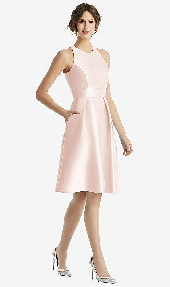 Front View - Blush High-Neck Satin Cocktail Dress with Pockets