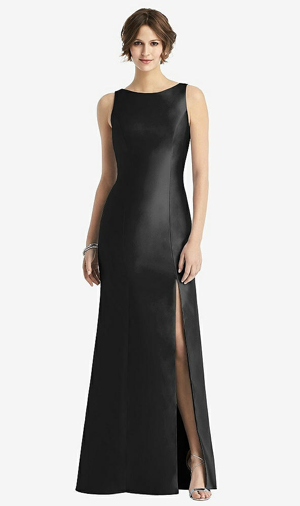Front View - Black Sleeveless Satin Trumpet Gown with Bow at Open-Back