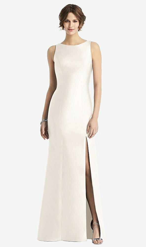 Front View - Ivory Sleeveless Satin Trumpet Gown with Bow at Open-Back