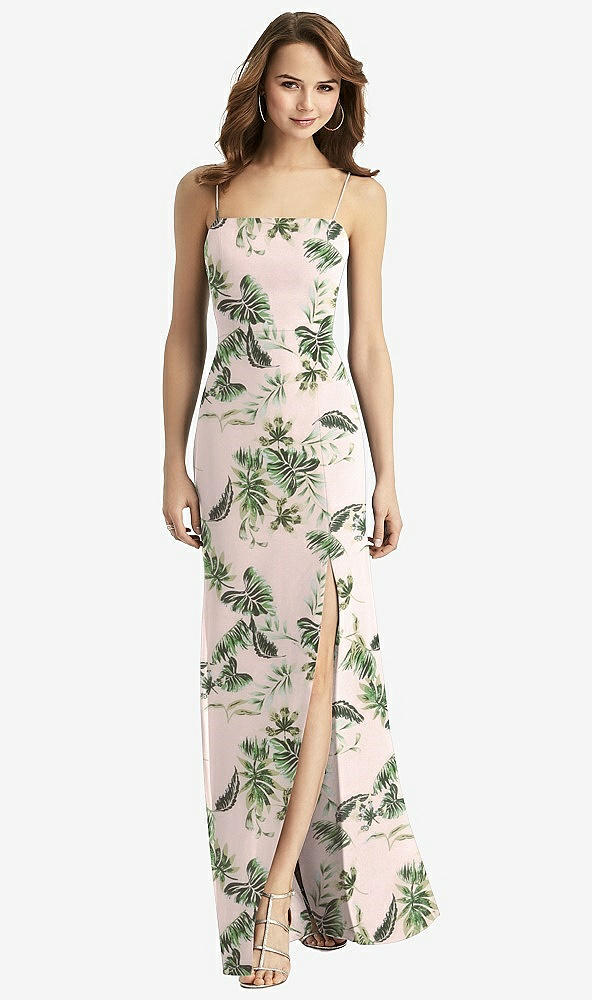 Back View - Palm Beach Print Tie-Back Cutout Trumpet Gown with Front Slit
