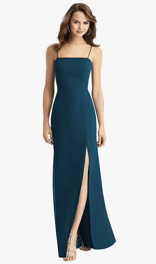 Back View - Atlantic Blue Tie-Back Cutout Trumpet Gown with Front Slit