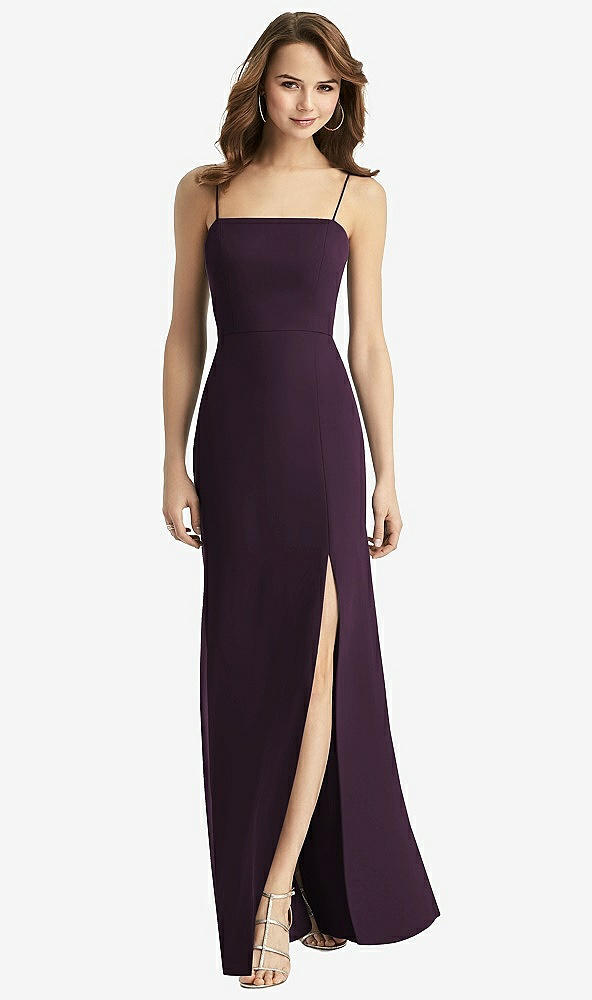Back View - Aubergine Tie-Back Cutout Trumpet Gown with Front Slit
