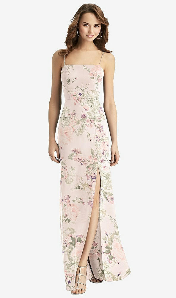 Back View - Blush Garden Tie-Back Cutout Trumpet Gown with Front Slit