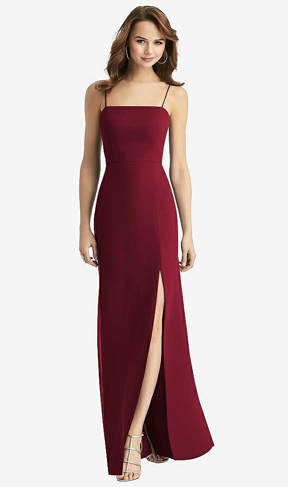 Back View - Burgundy Tie-Back Cutout Trumpet Gown with Front Slit