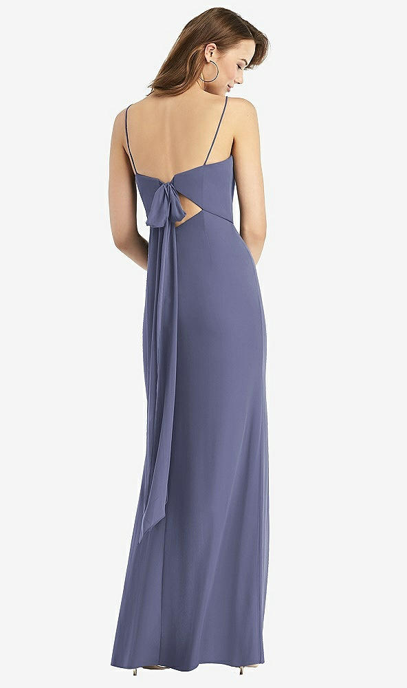 Front View - French Blue Tie-Back Cutout Trumpet Gown with Front Slit