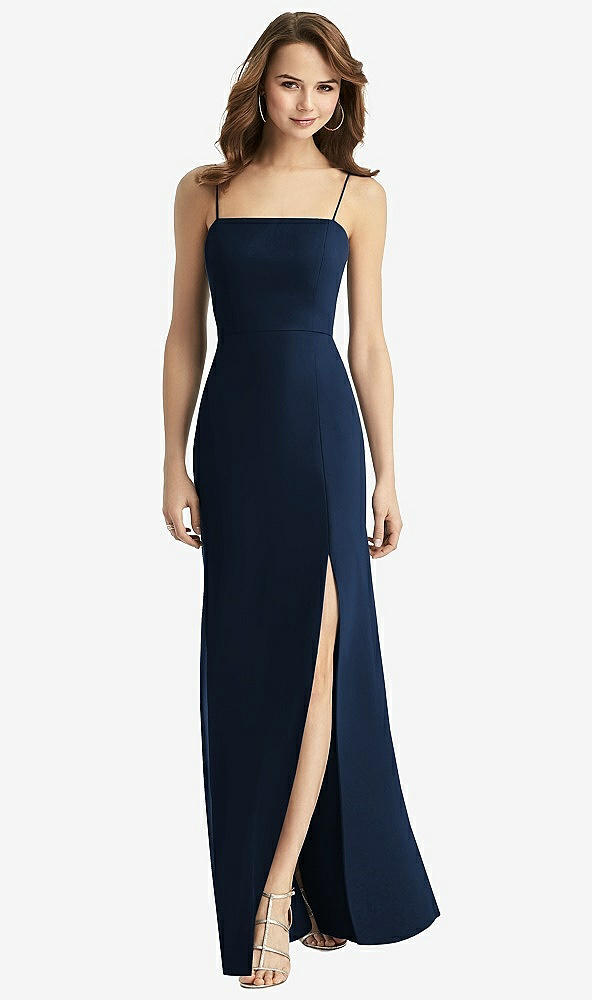 Back View - Midnight Navy Tie-Back Cutout Trumpet Gown with Front Slit