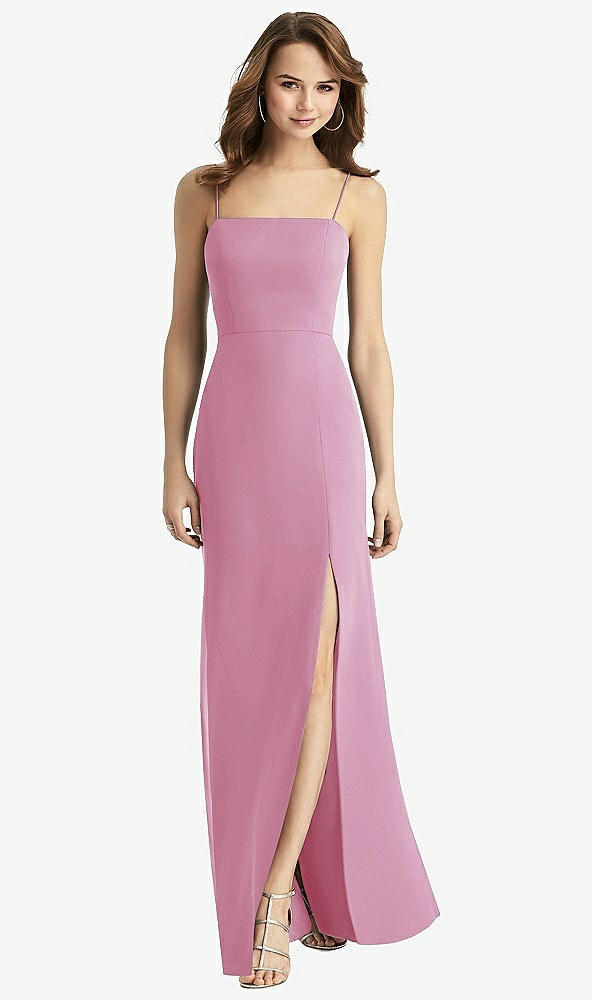 Back View - Powder Pink Tie-Back Cutout Trumpet Gown with Front Slit