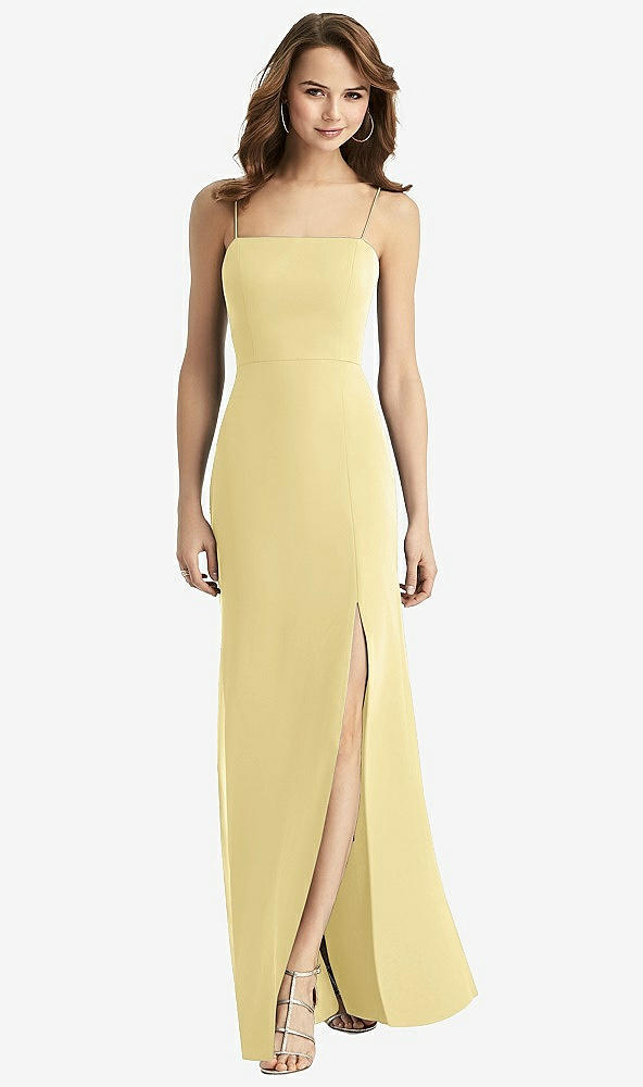 Back View - Pale Yellow Tie-Back Cutout Trumpet Gown with Front Slit