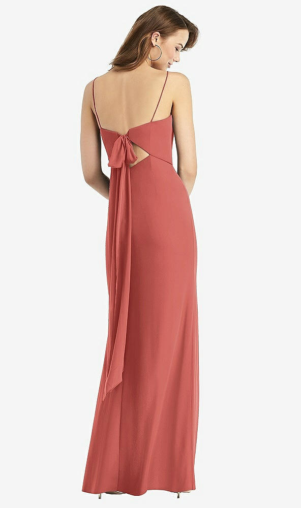 Front View - Coral Pink Tie-Back Cutout Trumpet Gown with Front Slit