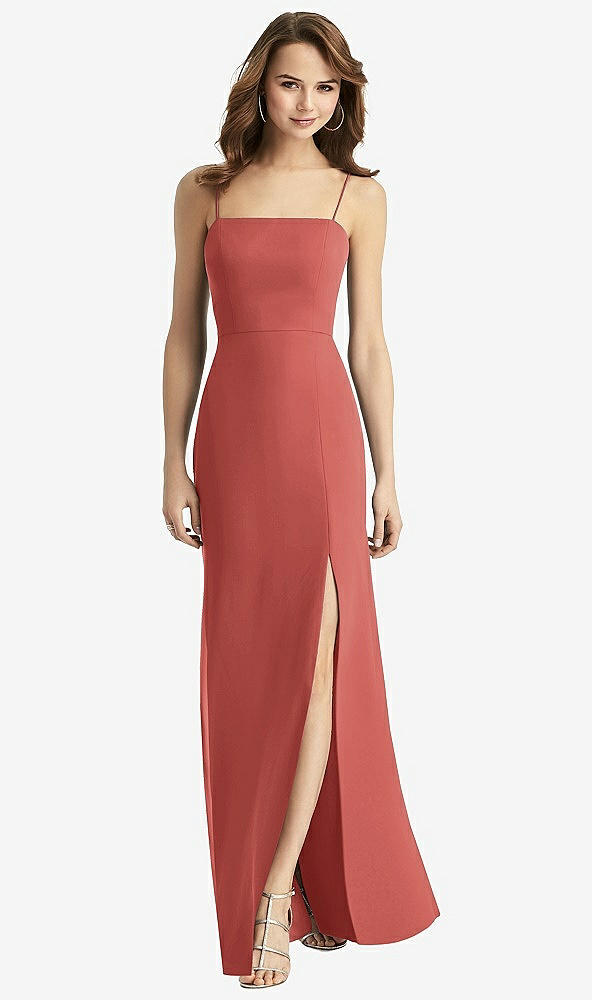 Back View - Coral Pink Tie-Back Cutout Trumpet Gown with Front Slit