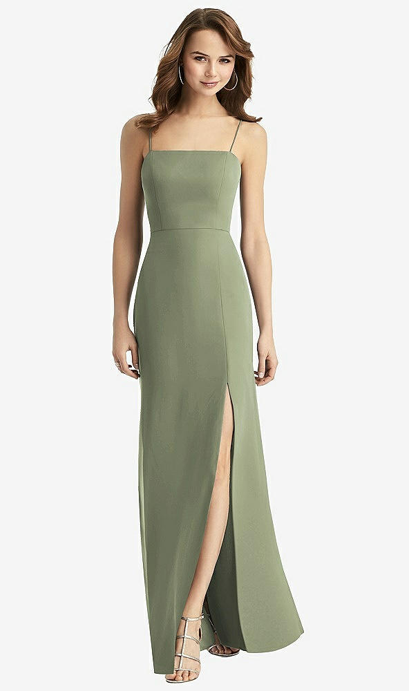 Back View - Sage Tie-Back Cutout Trumpet Gown with Front Slit