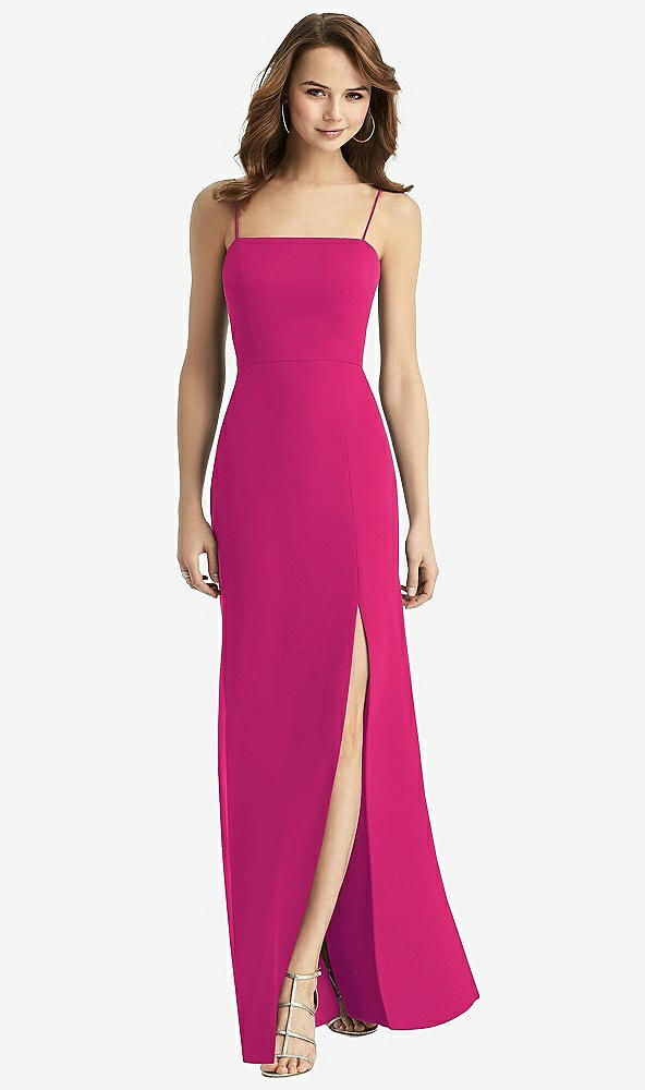 Back View - Think Pink Tie-Back Cutout Trumpet Gown with Front Slit