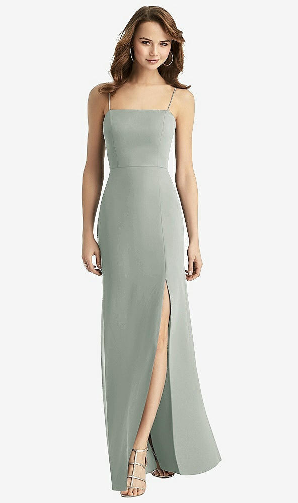 Back View - Willow Green Tie-Back Cutout Trumpet Gown with Front Slit
