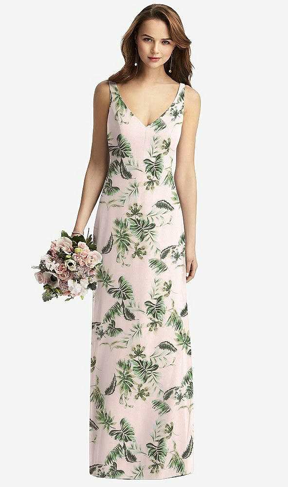 Front View - Palm Beach Print Sleeveless V-Back Long Trumpet Gown