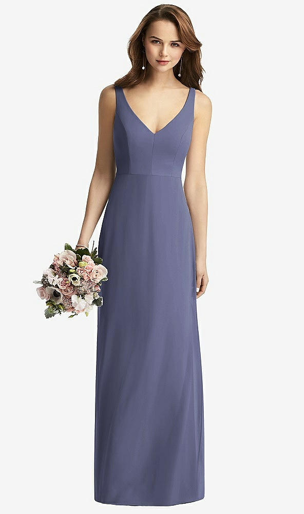 Front View - French Blue Sleeveless V-Back Long Trumpet Gown