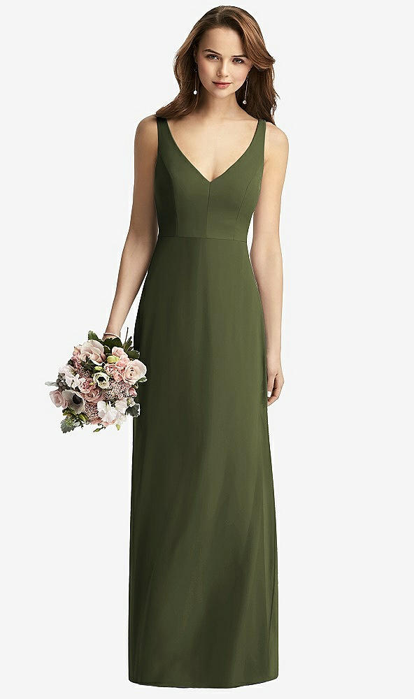 Front View - Olive Green Sleeveless V-Back Long Trumpet Gown