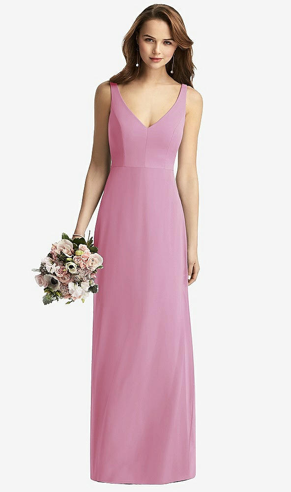 Front View - Powder Pink Sleeveless V-Back Long Trumpet Gown