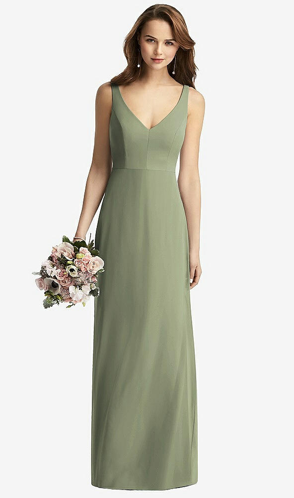 Front View - Sage Sleeveless V-Back Long Trumpet Gown