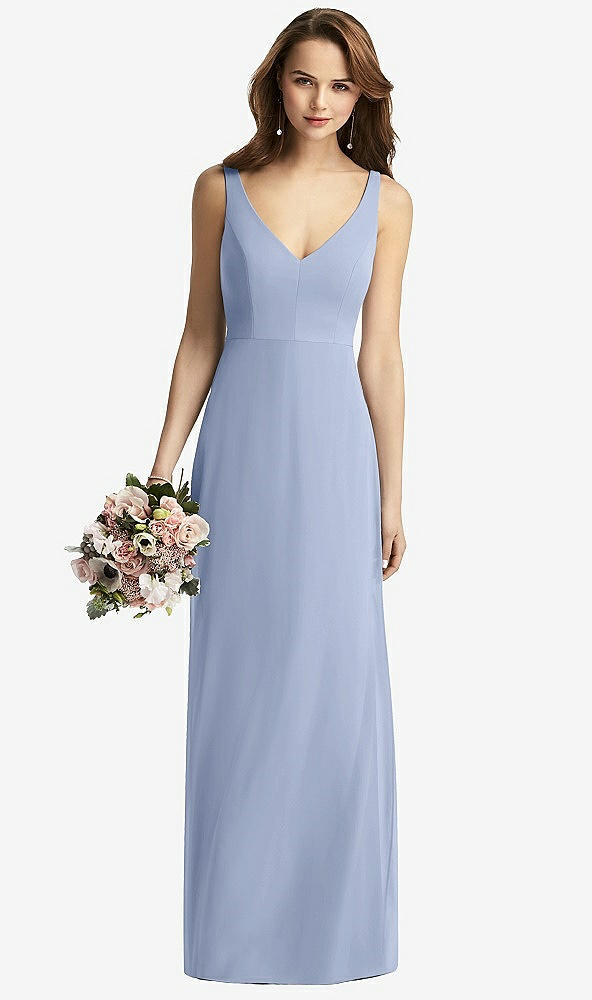 Front View - Sky Blue Sleeveless V-Back Long Trumpet Gown