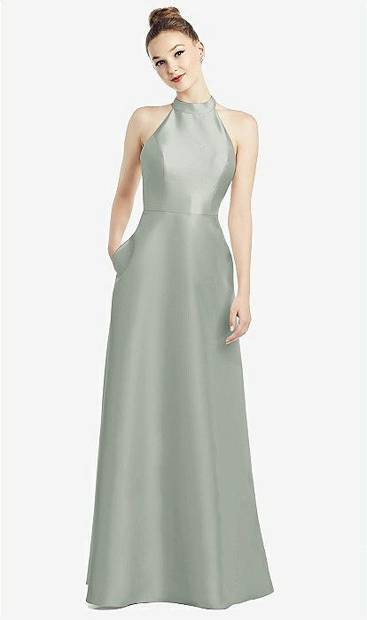 High neck Cutout Satin Bridesmaid Dress With Pockets In Willow