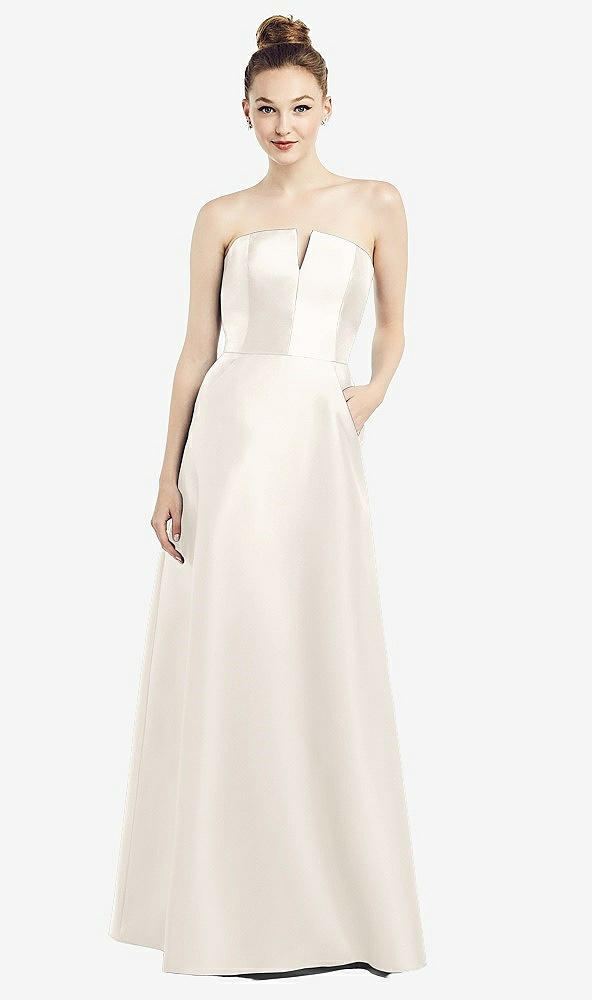Front View - Ivory Strapless Notch Satin Gown with Pockets