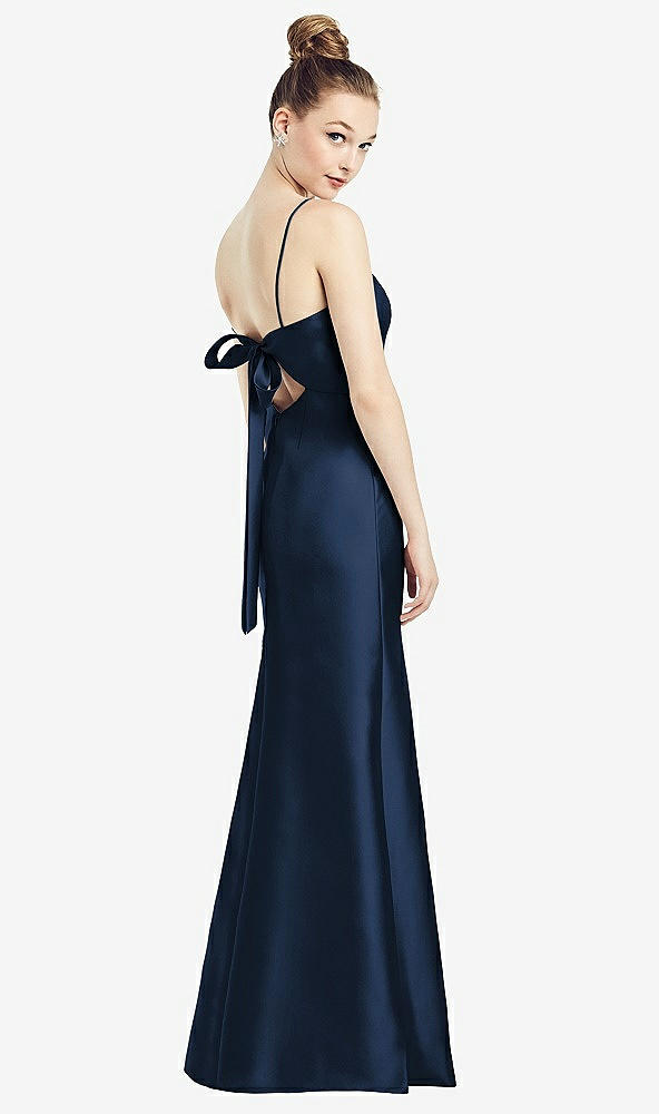Front View - Midnight Navy Open-Back Bow Tie Satin Trumpet Gown